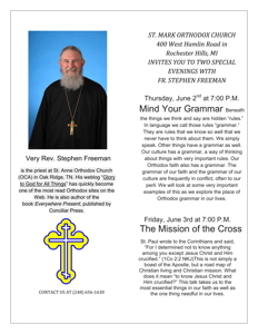 Fr Stephen Freeman to speak at St Mark Church Rochester Hills MI June 2 3