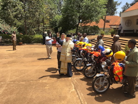 Kenyan Archbishop Makarios expresses gratitude to Bishop Paul MW faithful for motorcycle donation